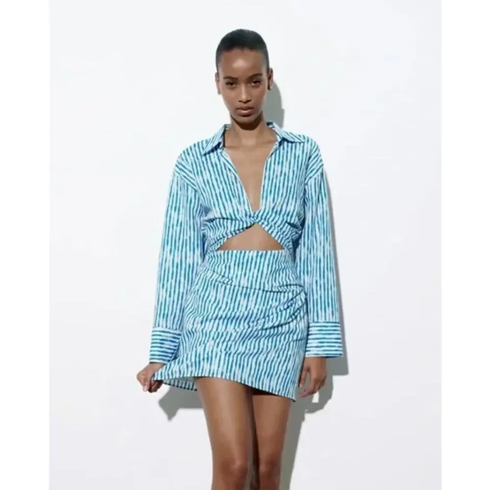 ZARA Striped Knot Cut Out Mini Dress Linen Blend Long Sleeve Blue/ White NWT - Picture 13 of 14